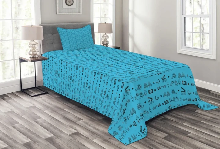 Doodle Movie On Blue Pattern Printed Bedspread Set Home Decor