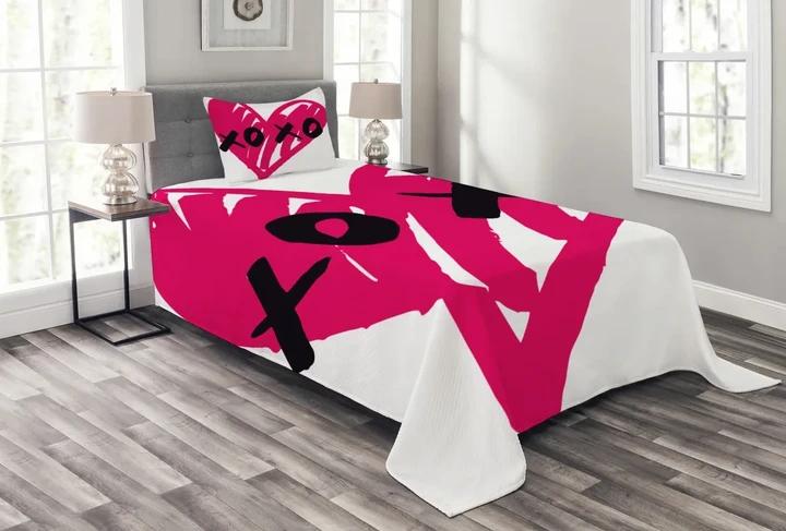 Calligraphy Lovers Heart Pattern Printed Bedspread Set Home Decor