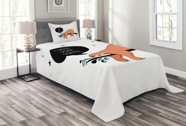 Shy Happy Cartoon Sloth Pattern Printed Bedspread Set Home Decor