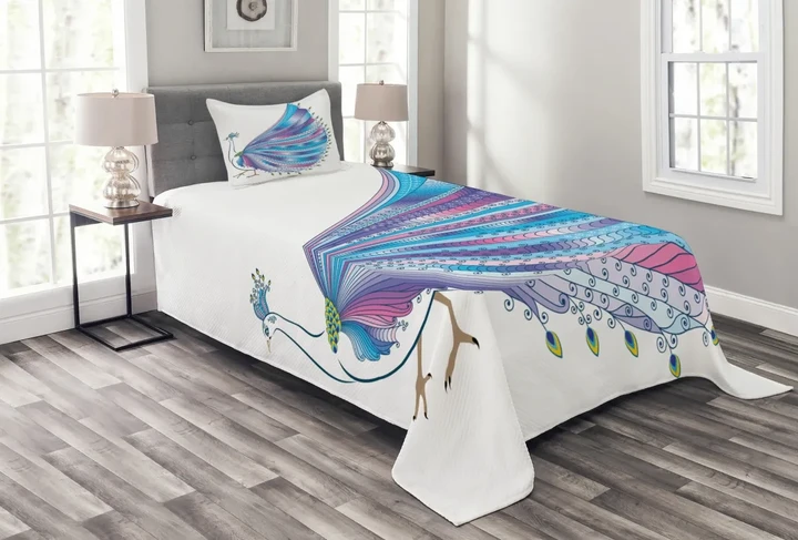 Stylized Peacock Feather Pattern Printed Bedspread Set Home Decor