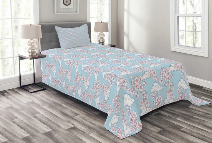 Clouds Flowers On Blue Pattern Printed Bedspread Set Home Decor