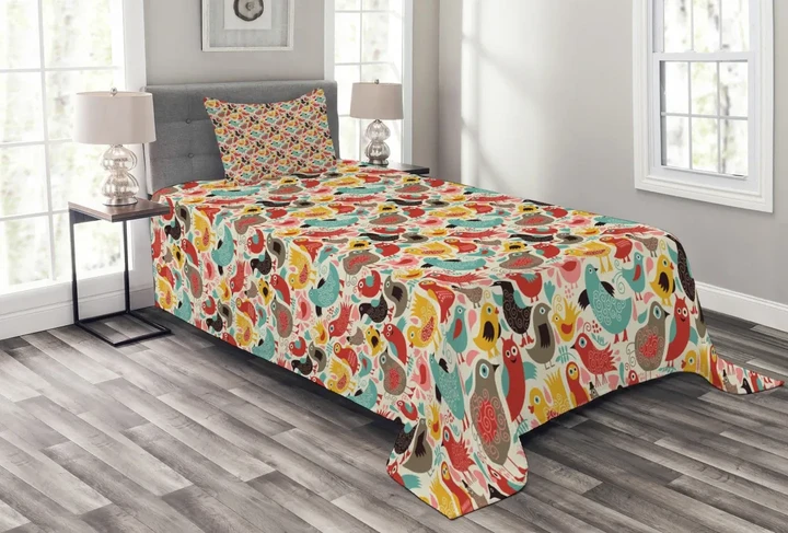 Whimsical Colorful Birds Pattern Printed Bedspread Set Home Decor