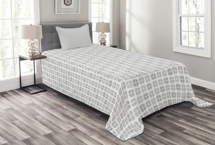 Geometric Squares Grid Pattern Printed Bedspread Set Home Decor