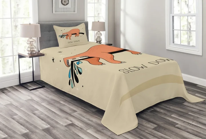 Sleepy Sloth Cartoon Pattern Printed Bedspread Set Home Decor