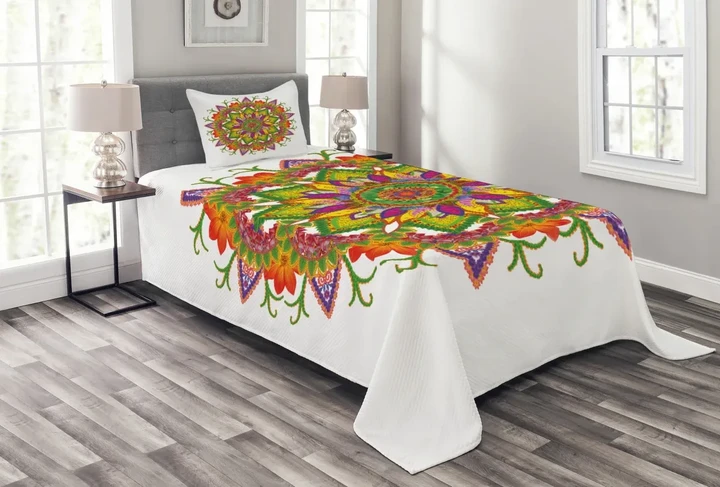 Vibrant Floral Mandala Pattern Printed Bedspread Set Home Decor