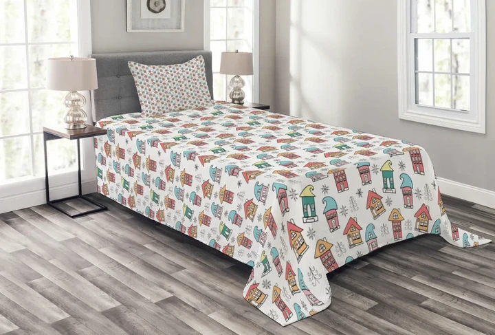 Noel Theme House Pattern Printed Bedspread Set Home Decor