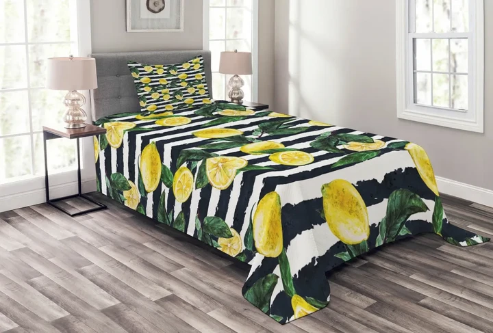 Fresh Lemons Striped Pattern Printed Bedspread Set Home Decor
