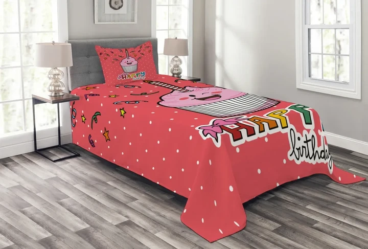 Pink Cupcake Bow Pattern Printed Bedspread Set Home Decor