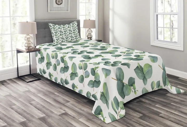 Watercolor Eucalyptus Art Pattern Printed Bedspread Set Home Decor