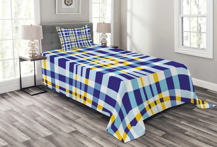 Scottish Tartan Stripes Pattern Printed Bedspread Set Home Decor