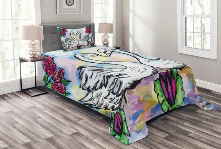 2 White Swans In Lake Printed Bedspread Set Home Decor