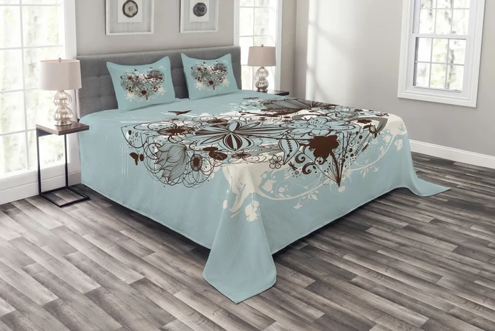Heart Shape With Dragonflies Printed Bedspread Set Home Decor