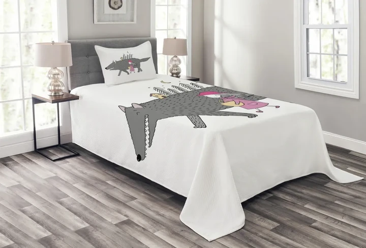 Girl With A Giant Wolf Pattern Printed Bedspread Set Home Decor
