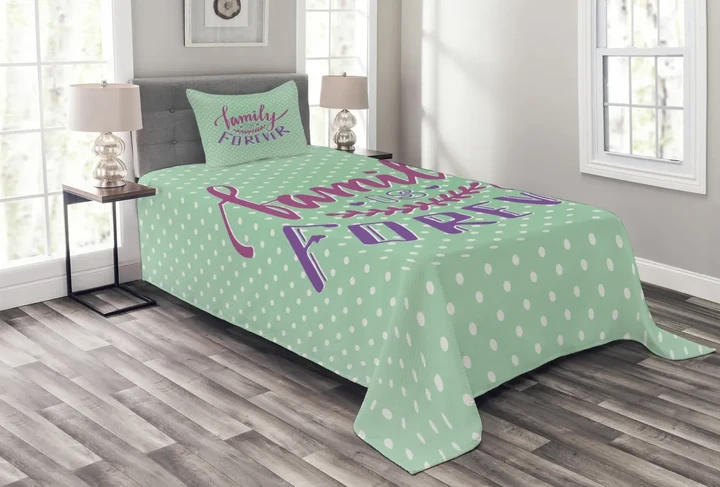 Polka Dots Family Words Pattern Printed Bedspread Set Home Decor