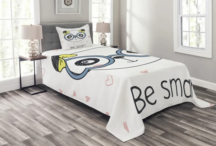 Doodle Panda Girl Glasses Printed Bedspread Set Home Decor