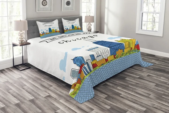 Chicago Usa Cartoon Pattern Printed Bedspread Set Home Decor