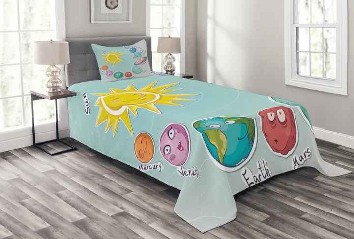 Cartoon Sun Planets Pattern Printed Bedspread Set Home Decor