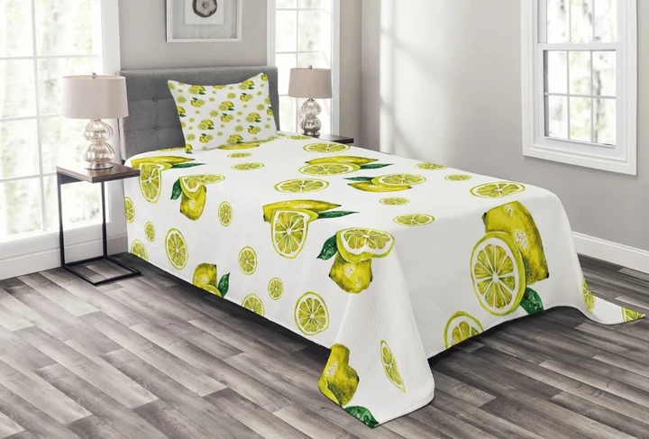Lemon Slices Leaves Pattern Printed Bedspread Set Home Decor