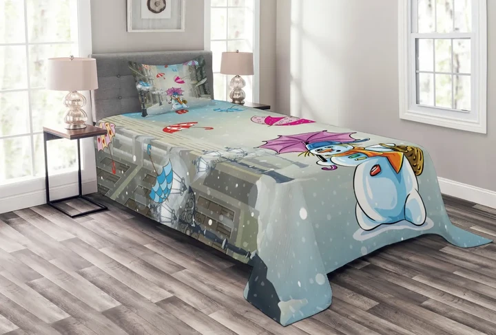Cartoon Snowman And Umbrella Pattern Printed Bedspread Set Home Decor