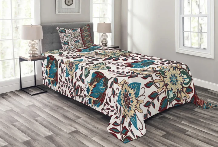 Ornate Floral Border Printed Bedspread Set Home Decor