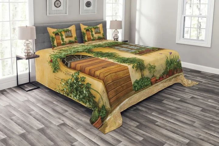 Plants And House Door Pattern Printed Bedspread Set Home Decor