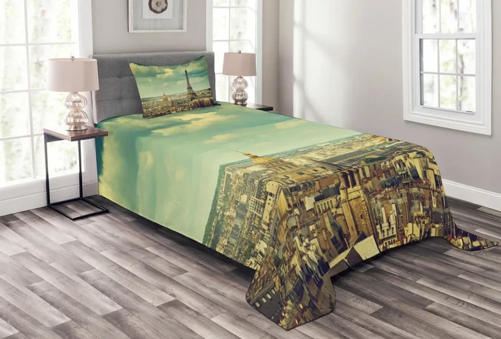 Building Aerial View Pattern Printed Bedspread Set Home Decor