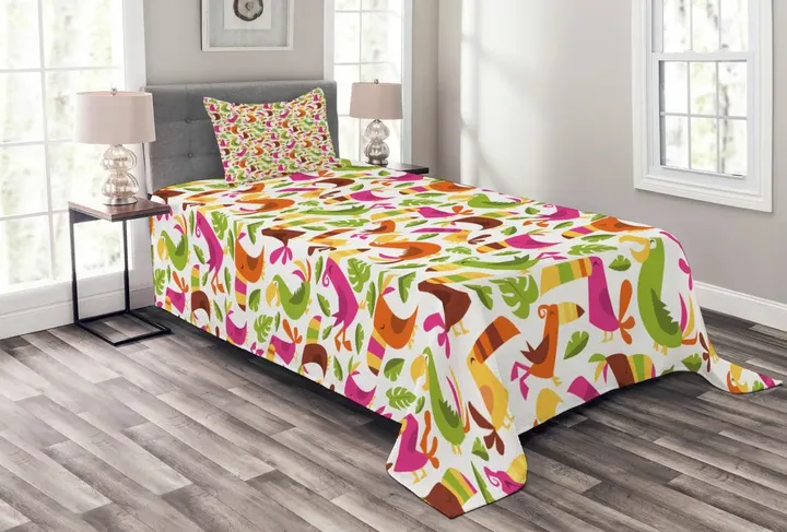 Colorful Retro Island Birds Pattern Printed Bedspread Set Home Decor