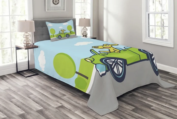 Puppy On The Road Pattern Printed Bedspread Set Home Decor