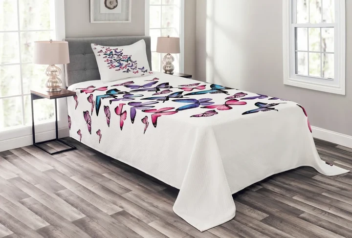 Many Butterflies Colorful Pattern Printed Bedspread Set Home Decor