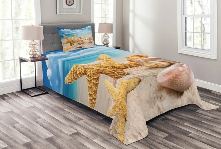 Shells On Tropic Beach Printed Bedspread Set Home Decor