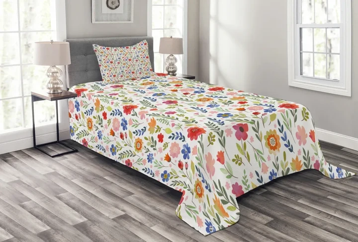 Floral Illustration Colorful Pattern Printed Bedspread Set Home Decor