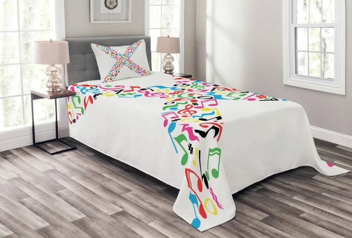 Vibrant Abc Musical Notes Pattern Printed Bedspread Set Home Decor