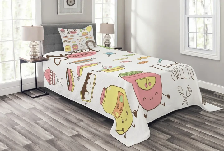 Girl With Sweets Pattern Printed Bedspread Set Home Decor