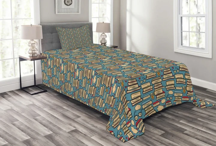 Stack Of Books Coffee Printed Bedspread Set Home Decor