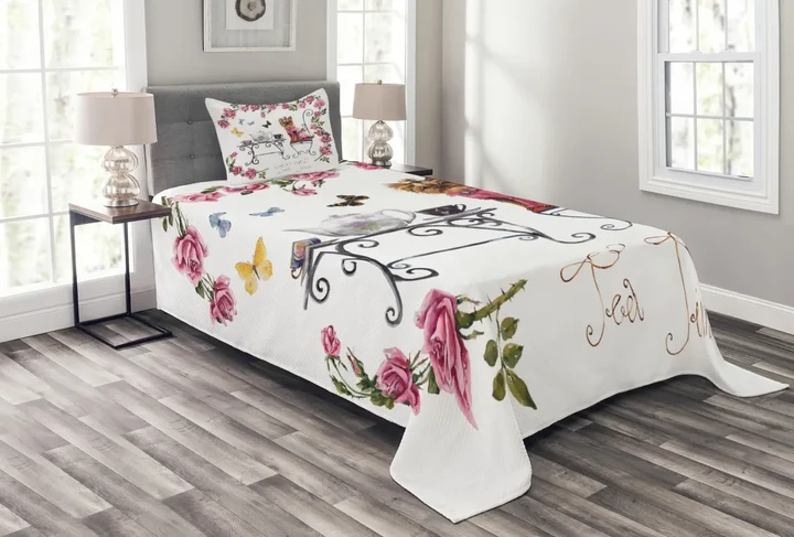 Terrier In Pink Dress Pattern Printed Bedspread Set Home Decor