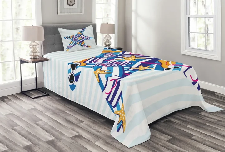 Cartoon Sea Star Colorful Pattern Printed Bedspread Set Home Decor