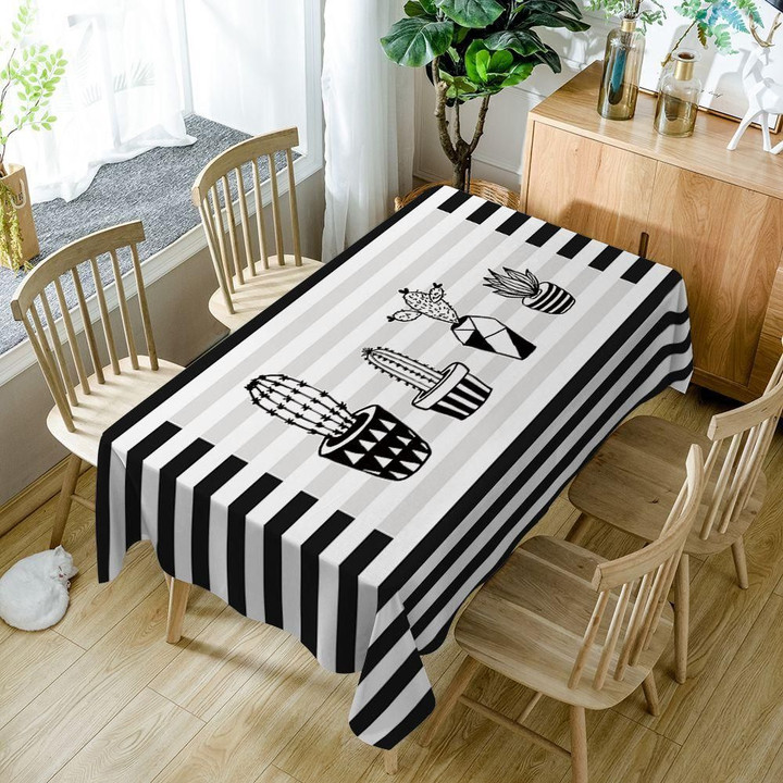 Cactus Black White Stripe Plant Rectangle Tablecloth Home Decoration