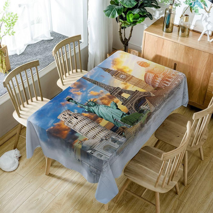 Travel Themed Tourist Famous City Rectangle Tablecloth Home Decoration