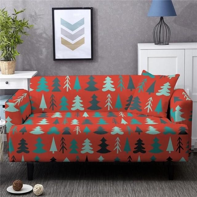Christmas Pine Tree Pattern And Red Background Home Decoration For Living Room Sofa Cover