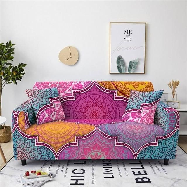 Boho Style Pink Blue Yellow Flower Pattern Colorful Design Sofa Cover