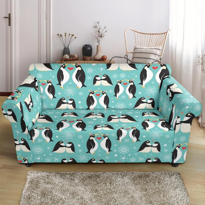 Pale Green Penguin Love Pattern Print Sofa Cover