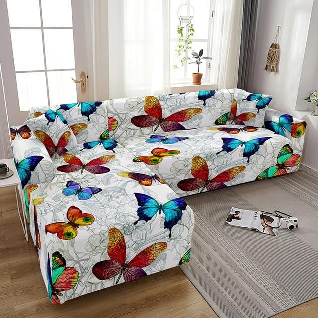 L Shape Beautiful Butterfly Flower Drawing White Theme Sofa Cover