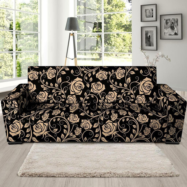 Gold Rose Floral And Black Skin Sofa Cover