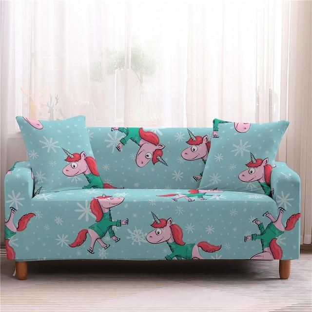 Unicorn With Snowflake Blue Theme Sofa Cover