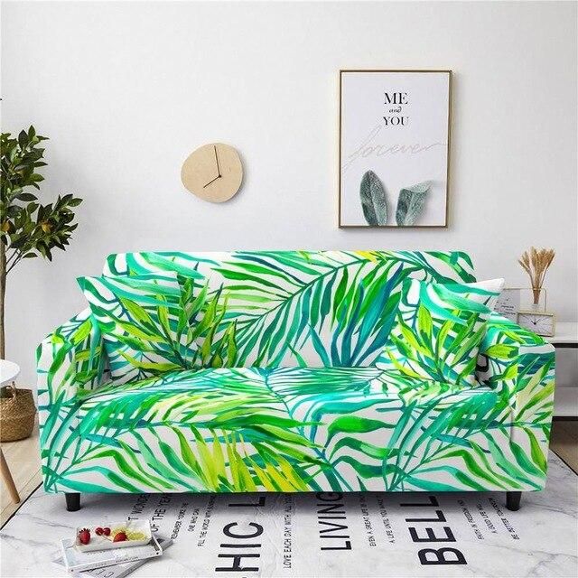 Mixed Green Color Leave Pattern White Theme Sofa Cover