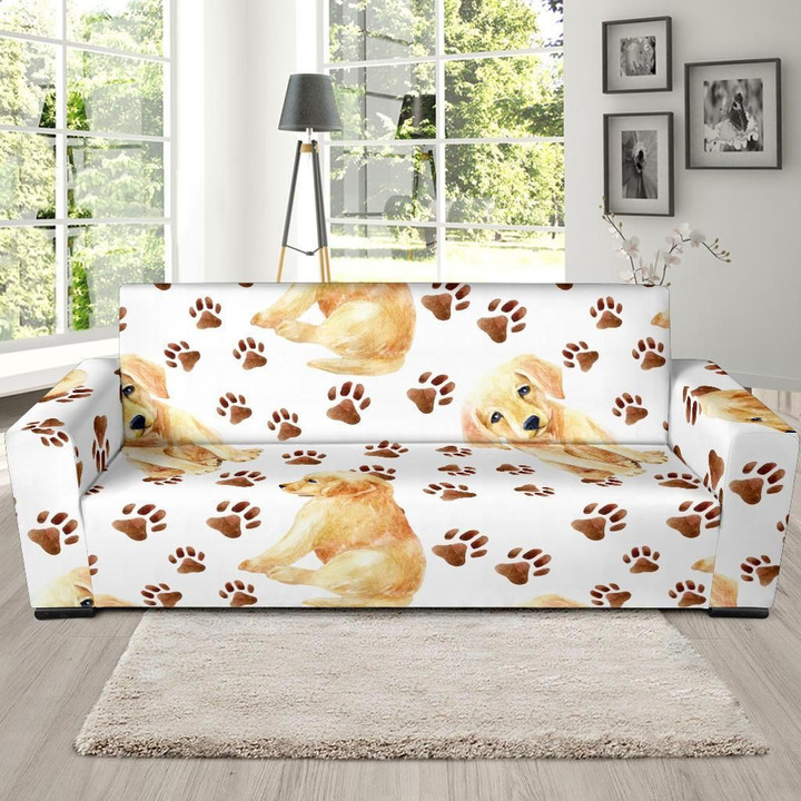Labrador Paws White Background Pattern Sofa Cover