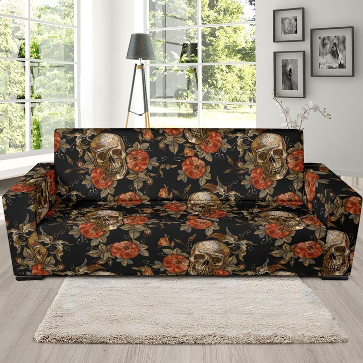 Skeleton Sugar Skull With Floral Rose Pattern Theme Sofa Cover