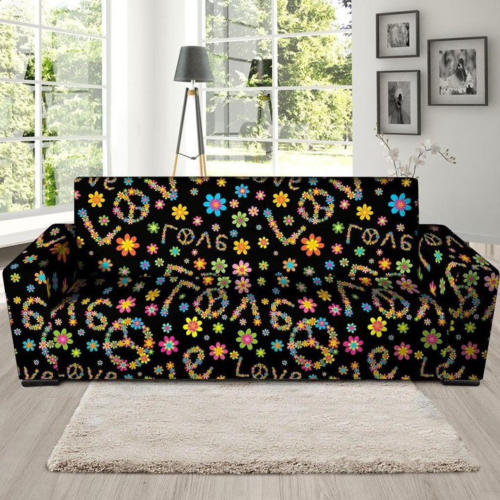 Black Leather And Hippie Love Floral Sofa Cover