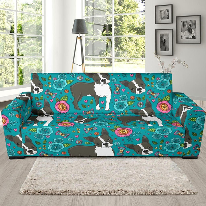 Flower Boston Terrier Pattern Background Sofa Cover