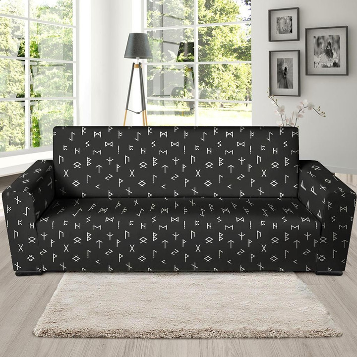 Black Leather And Futhark Viking Sofa Cover